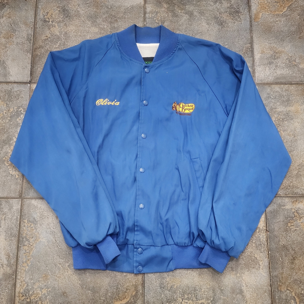 Vintage 80s Cracker Barrel Large Embroidered Lined Blue Bomber Snap Jacket